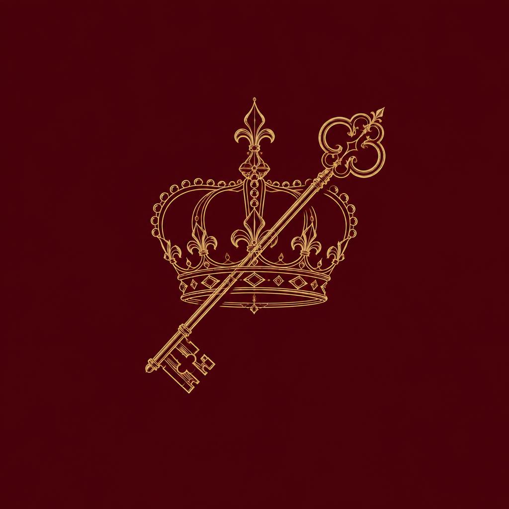 Gold line drawing of a crown crossed with a key