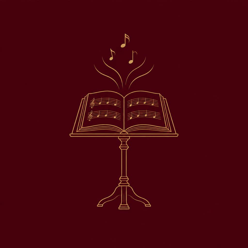 Gold line drawing of an open hymnal with notes rising from it