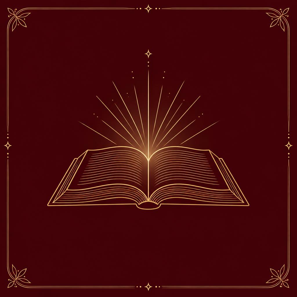 Gold line drawing of an open Bible with light rising from its pages